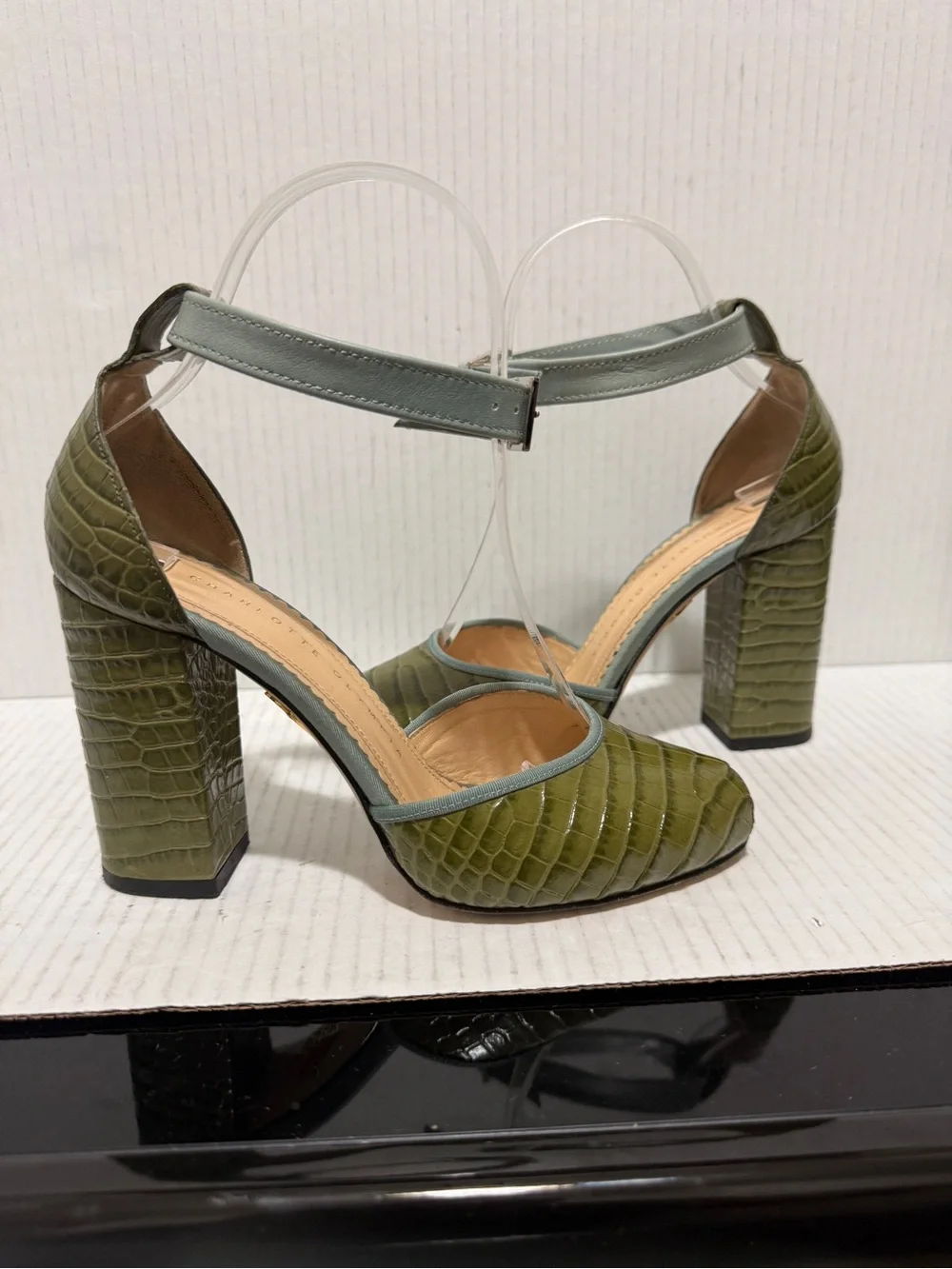 Charlotte Olympia Green Croc Embossed Leather Peep Toe Shoes Pin up Sz 35 5 US